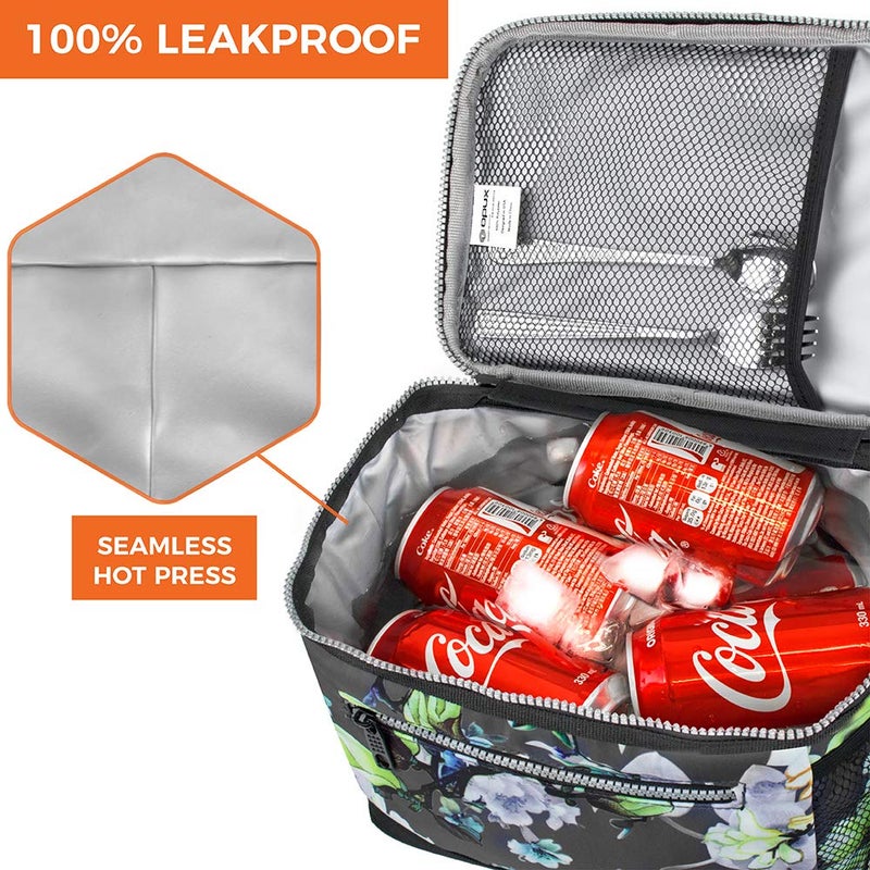 opux Insulated Lunch Box Men Women, Lunch Bag for Work School, Leakproof Soft Cooler Tote Adult, Large Lunch Pail Kids Boys Girls, Picnic Beach Food Bag with Shoulder Strap, Grey Floral - Image 5